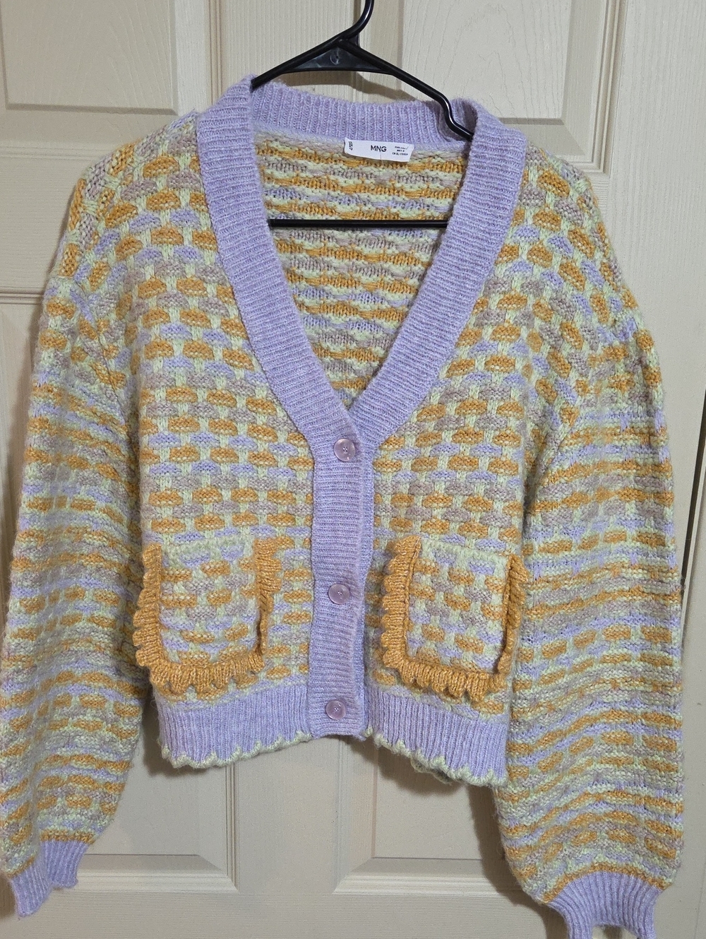 Mango Lavender and Yellow Knit Button-Up Cardigan